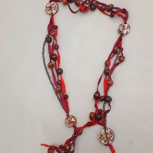 Boho chic Morano Glass necklace 21" Italy Red pink  metallic